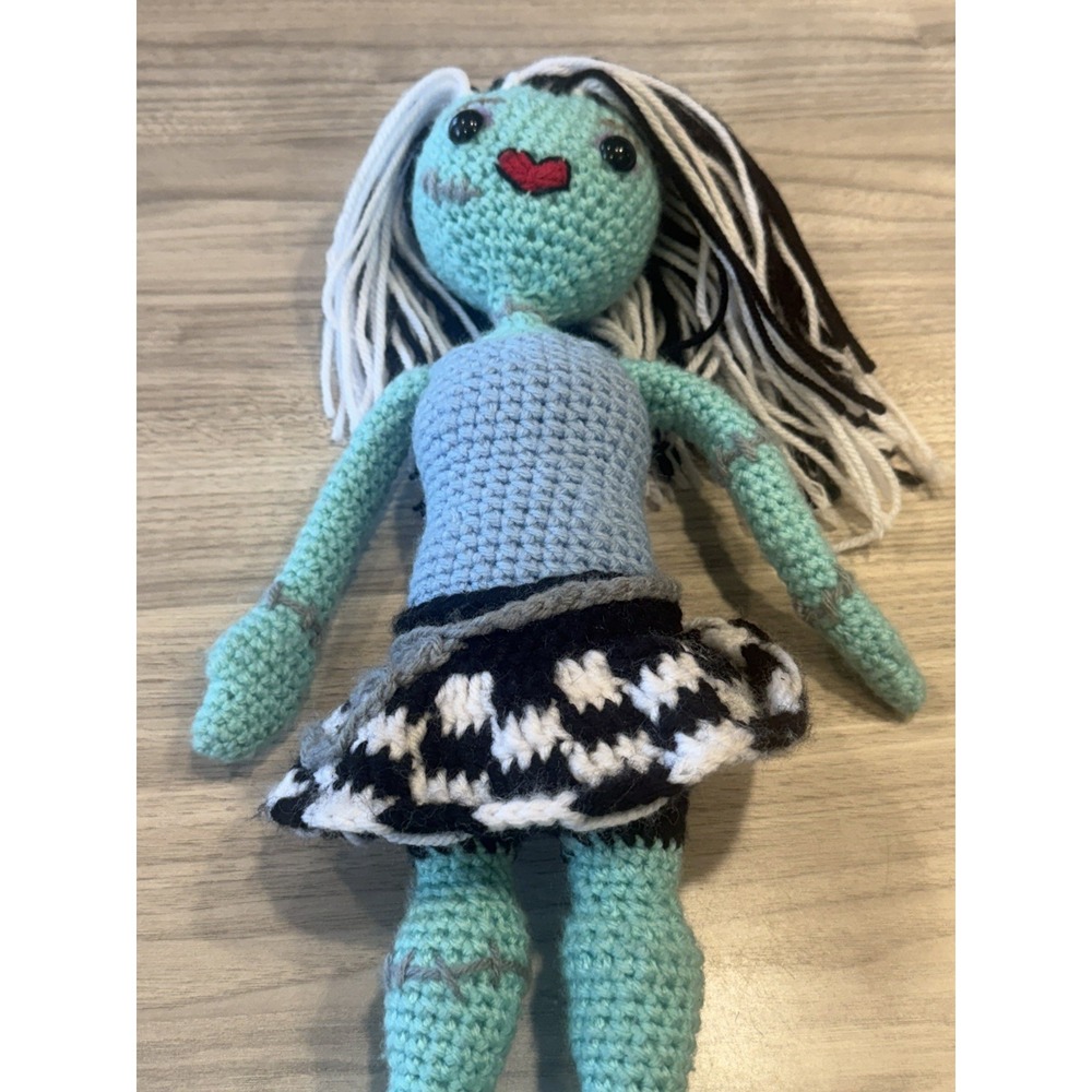 Spooky Stitch-Style Crochet Doll - Black & White Hair, Blue Body‎ Handmade 16.5"